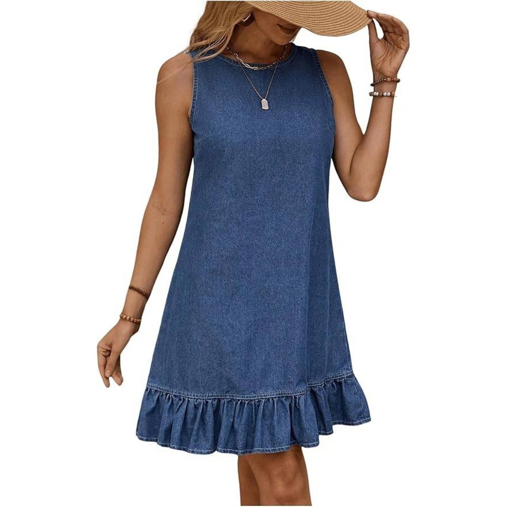 MSRP $33 SOLY HUX Women's M Denim Dress Sleeveless Button Back Ruffle Short Je